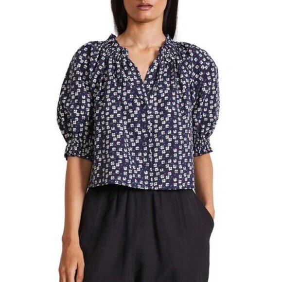 Apiece Apart Casa Organic Cotton Blouse size M Wheels Block Print Navy Top - Picture 1 of 9